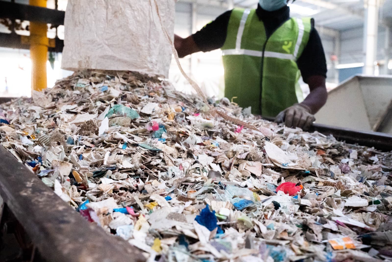 Sorting mixed plastic on the feed conveyor — contaminants removed before the line runs.